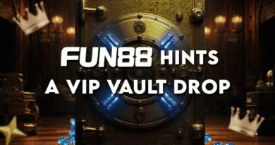 FUN88 teases VIP Vault Drop promotion with a glowing secure vault door surrounded by crowns, gold bars, and scattered blue gems.