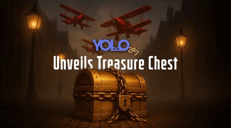 Mysterious golden chest with lock and chain under misty light, red planes above, YOLO247 logo teasing a big surprise